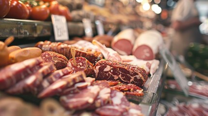 Deli counter with various cuts of meat and artisanal products