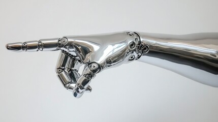 A futuristic robotic hand with a chrome finish, finger pointing at an angle, isolated on white