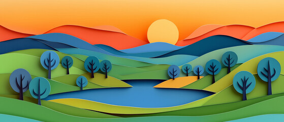 Obraz premium Illustration en papier découpé d'un paysage naturel au coucher du soleil