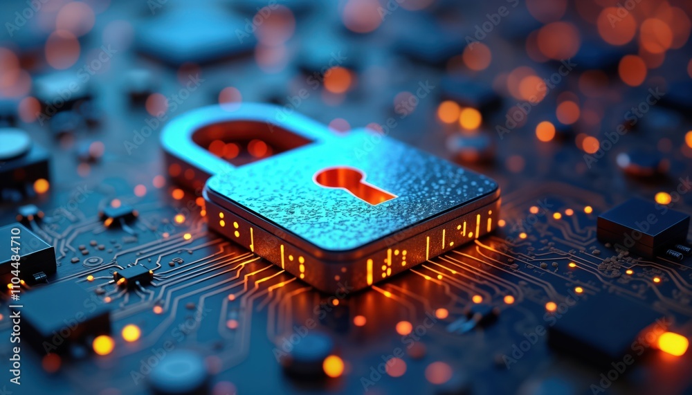 Poster advanced internet security tech concept. hyperrealistic lock icon sits on tech circuit board. protec