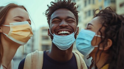 Multi-ethnic group laughs together, masks on.