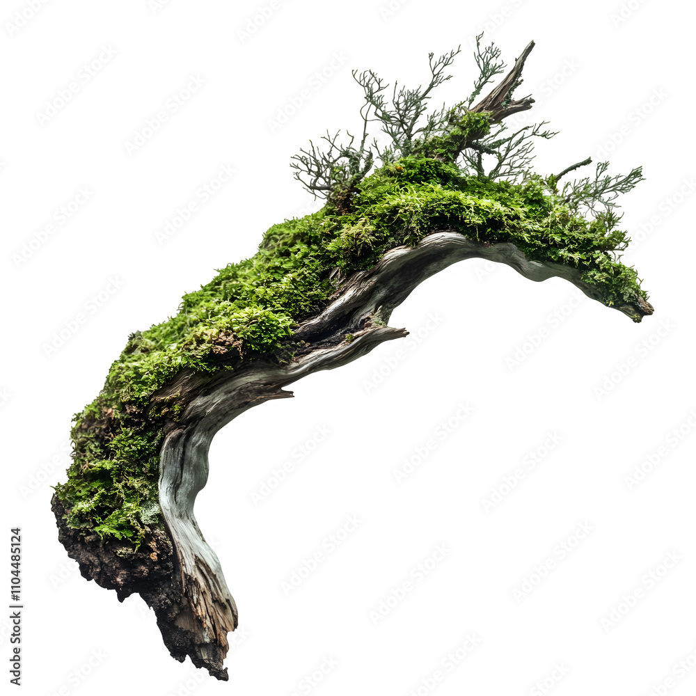 Poster close-up of a weathered, moss-covered branch with a transparent background, ideal for nature-themed 