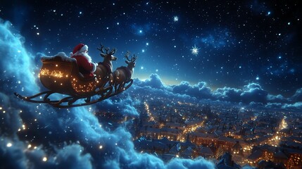 Santa's sleigh soars through a starlit night sky above a charming, snow-covered town. Reindeer lead the way, their breath misting in the frosty air.