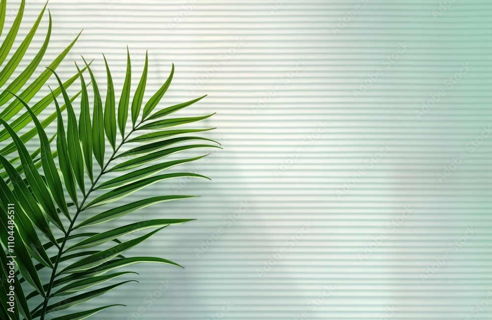 Poster abstract design with tropical palm leaf. stylish green palm leaf placed on ribbed white background. 