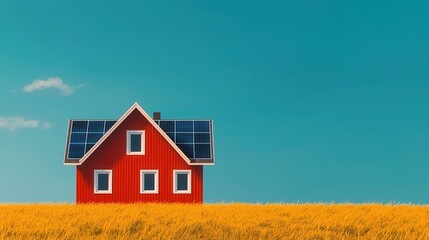 Obraz premium Peak energy capacity concept, A red farmhouse with solar panels stands in a golden field under a clear blue sky, showcasing sustainable living.