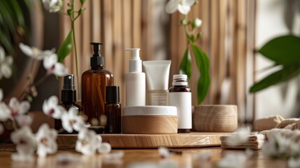 Natural skincare products with flowers in a serene setting