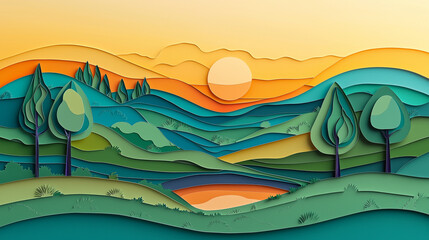 Obraz premium Illustration en papier découpé d'un paysage naturel au coucher du soleil