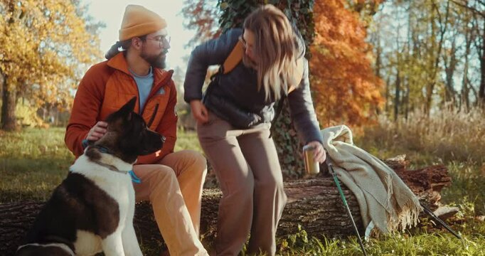 Happy hiking young couple with a dog taking a break sitting on a fallen tree in the forest