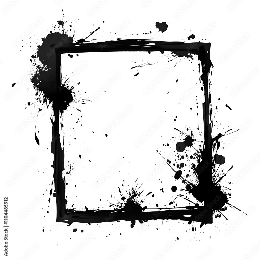 Leinwandbilder Black grunge square frame with ink splatters isolated on transparent background, ideal for adding a raw, artistic touch to designs