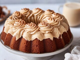 	
Delicate bundt cake with creamy frosting and a dusting of cinnamon, displayed on a white cake stand, surrounded by warm holiday accents and natural light.	
