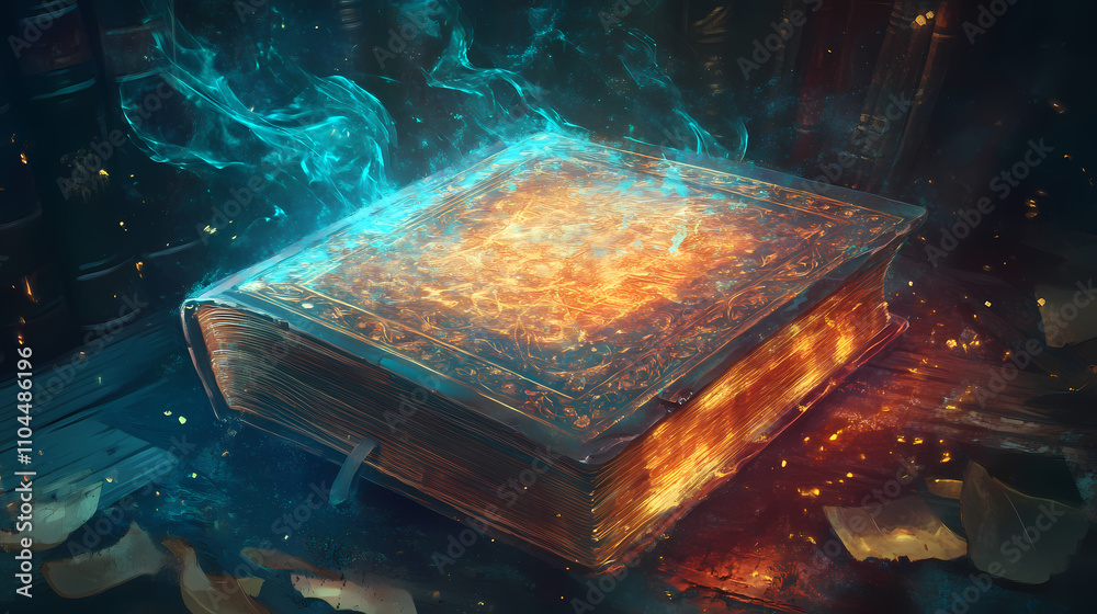 Wall mural mystical tome aglow with stories from ancient times, holding secrets within its pages. arcane. illus