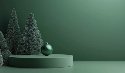 Green Christmas ornament on a podium surrounded by lush evergreen trees, creating a festive holiday atmosphere.