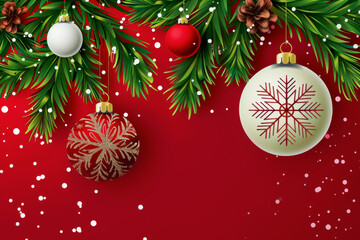 Naklejka premium Classic Christmas card design featuring ornaments and festive greenery in red and green