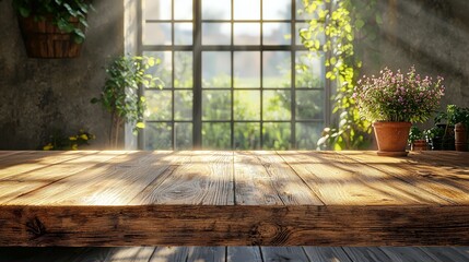 A sunlit wooden table in a cozy room with plants and a window view.