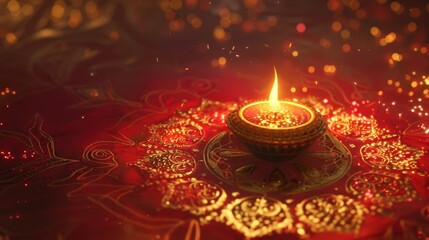 Decorative clay diya lamp with a glowing flame on a vibrant red background adorned with intricate golden patterns, celebrating the festive spirit of Diwali.
