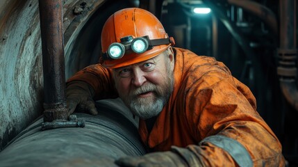 Fototapeta premium A cheerful worker in a bright orange uniform and hard hat hugs a large pipe in a dimly lit industrial tunnel, demonstrating dedication and a cheerful approach to work.