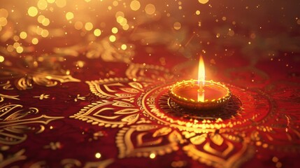 Decorative clay diya lamp with a glowing flame on a vibrant red background adorned with intricate golden patterns, celebrating the festive spirit of Diwali.