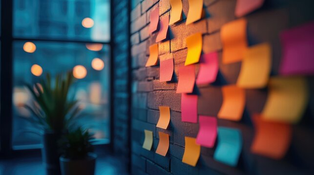 creative planning project sticky note from teamwork on brainstorming board at business office.	