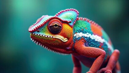 Fototapeta premium Colorful chameleon perches on tree branch. Reptile exhibits vibrant colors in nature. Wildlife photo shows close-up view. Exotic animal in tropical forest. Animal observing surroundings. Warm