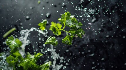 Fresh parsley leaves with water splashes on black background