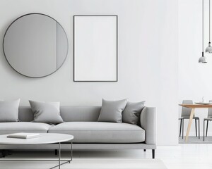 A modern living room interior with a large round mirror. grey sofa. coffee table. and a potted plant