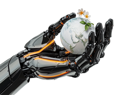 a robot hand holding a globe