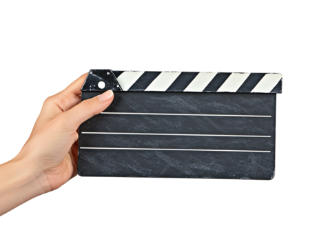 a hand holding a clapper board