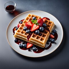 Delicious waffle served on a stylish plate, adorned with vibrant strawberries and blueberries. Sweet berry sauce adds a touch of elegance, making it ideal for brunch menus and food photography.