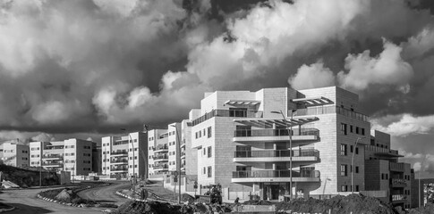 New ready residential neighborhood - last development steps before populating. panoramic view, Black and White