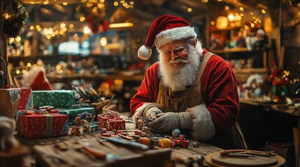 Santa Claus, in his workshop, carefully prepares Christmas gifts.  Warm lighting illuminates the festive scene, filled with toys and wrapped presents.