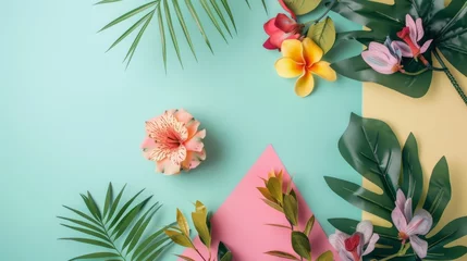 Fototapete Rund Tropical flat lay with vibrant flowers and leaves © JuanB