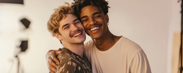 Two happy young men embrace warmly in studio. Smiling, appear affectionate. Studio setting suggests photo shoot. Men show affection, bonding. Happy couple, diverse ethnicities. Joyful expression on