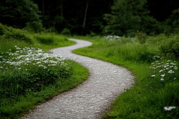 Obraz premium nature hiking, a peaceful stroll on a twisting trail amidst blossoming wildflowers, with the cool breeze sharing stories of joy