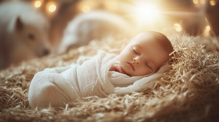 Baby Jesus sleeps peacefully in a wooden manger on straw against the backdrop of a stable with animals, illuminated by divine light. Religious scene Christmac