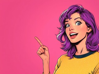 Obraz premium Pop art cartoon woman with expressive face pointing, featuring vibrant purple hair and bold makeup against a pink background