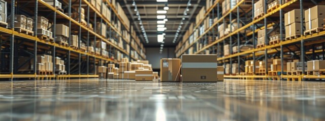 Warehouse interior with stacked boxes and organized shelves