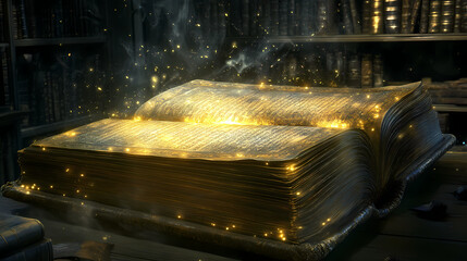 Ancient arcane tome with gilt edged pages emanating an otherworldly glow in dimly lit occult study. Arcane. Illustration