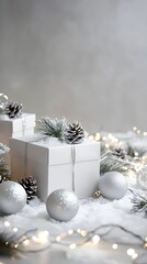 White Christmas boxes with silver decorations, white snow, and lighted garlands on the floor, against a grey background