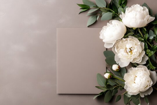 vintage wedding decor, vintage-style peonies and greenery adorn an elegant floral frame on a soft taupe canvas, perfect for wedding programs