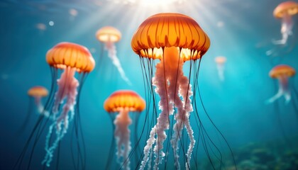 Jellyfish float in deep blue water. Orange, white jellyfish gently drift. Underwater world serene, vibrant. Ocean creatures fascinating. Beautiful marine life scene. Deep sea photo. Tranquil
