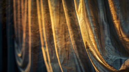 Golden curtains with soft folds and warm lighting