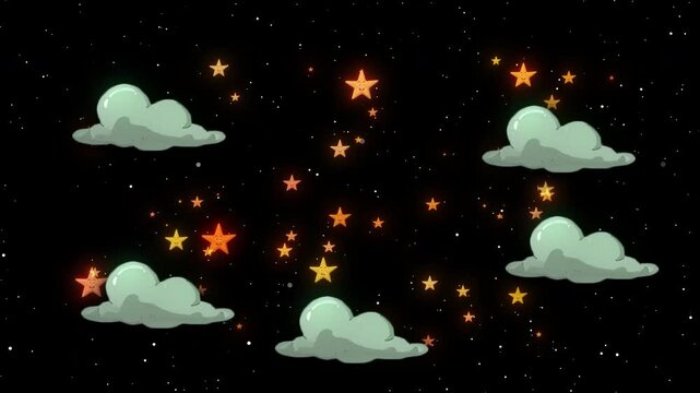 
3d Cloud Randomly Moved On The Transparent Alpha Channel Background.yellow Glowing Stars At Night On Black Background.2d Cartoon Clouds Animation On Alpha Channel Background. Abstract Twinkle Stars A