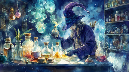 Mystical alchemist concocting enchanted potions surrounded by a collection of arcane esoteric artifacts in a dreamlike watercolor style. Arcane. Illustration