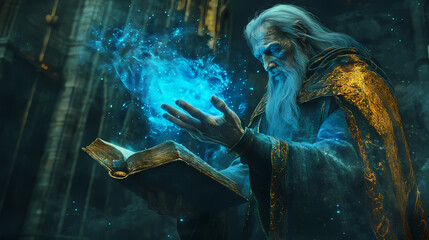 Mystical ancient wizard conjuring blue magical energy from an arcane tome in a dark, gothic cathedral setting, embodying fantasy and sorcery. Arcane. Illustration