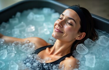 Relaxing athletic woman enjoys cold plunge therapy in ice bath. Serene, peaceful. Ice bath helps muscle recovery. Wellness trend popular. Wellness, athletic activities important.