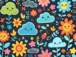Cheerful Clouds and Flowers: A Delightful Chalkboard Illustration