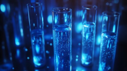 Close up of test tubes filled with blue liquid, Glass test tube filled background