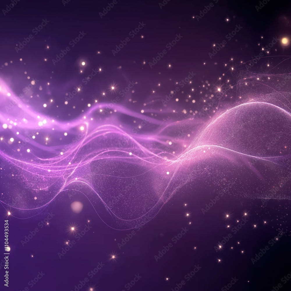 Aufkleber purple abstract background with shining particles, waves. glowing dots, stars. modern design with fu