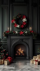 Moody Christmas Fireplace with Tree and Gifts