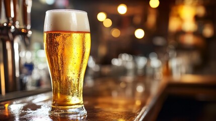 Golden elixir cascades into a goblet atop a bustling bar.